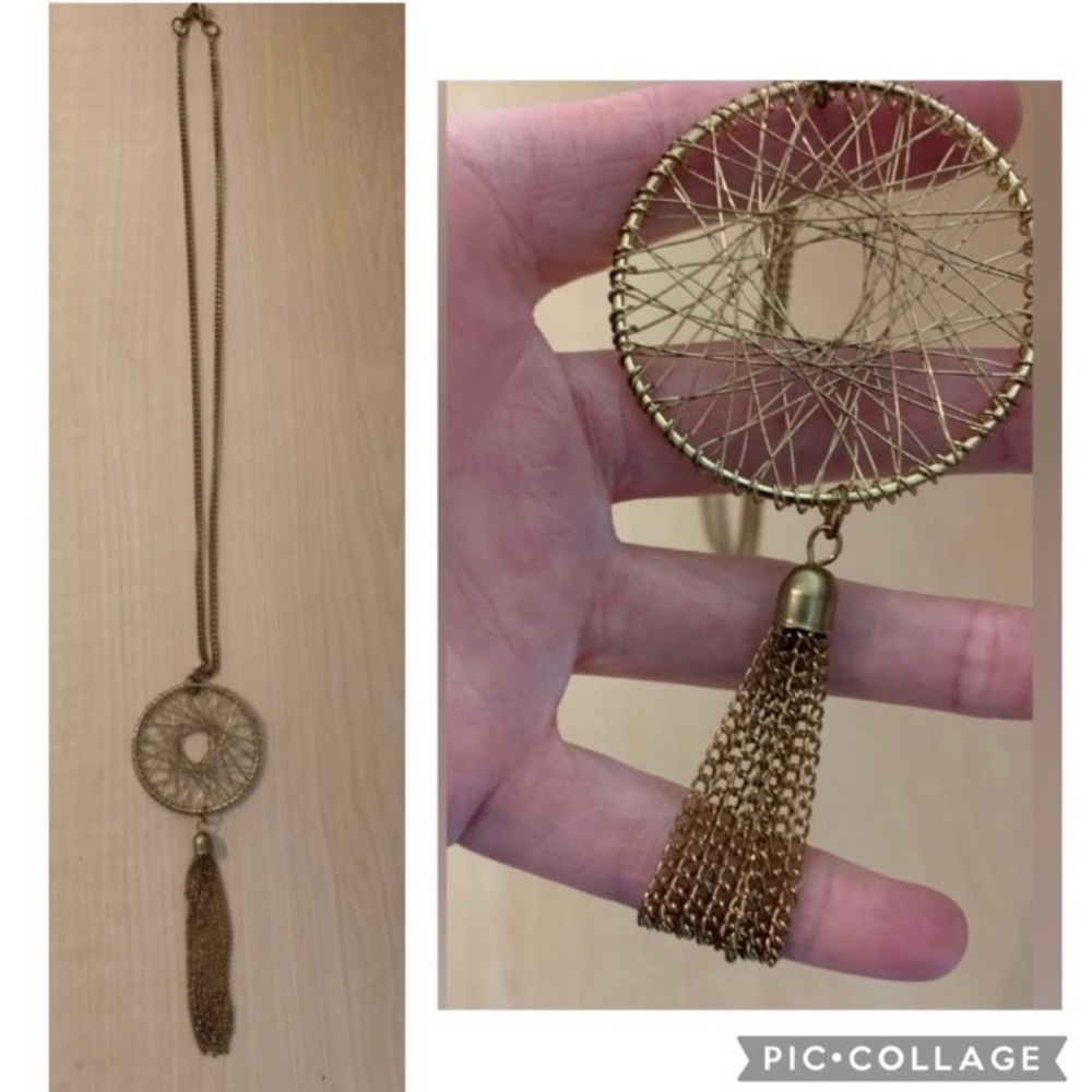 Boho Goldtone Wire Wrapped Dream Catcher Necklace-17 3/4” Bohemian